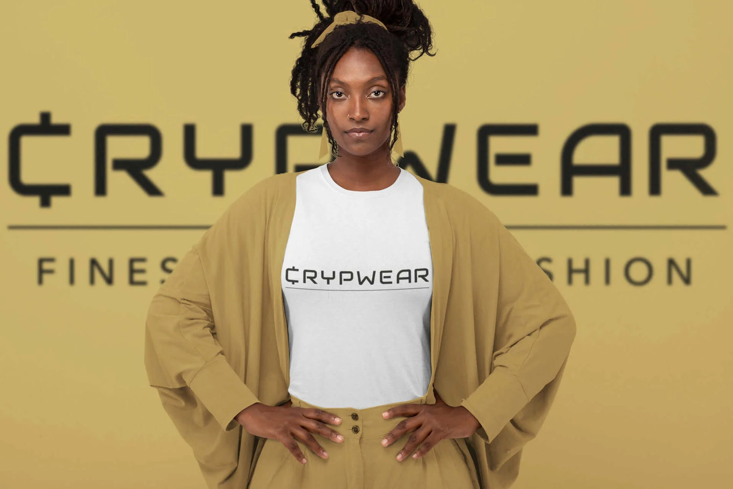 CrypWear Collection - Black woman with dark skin in CrypWear Collection shirt against golden background