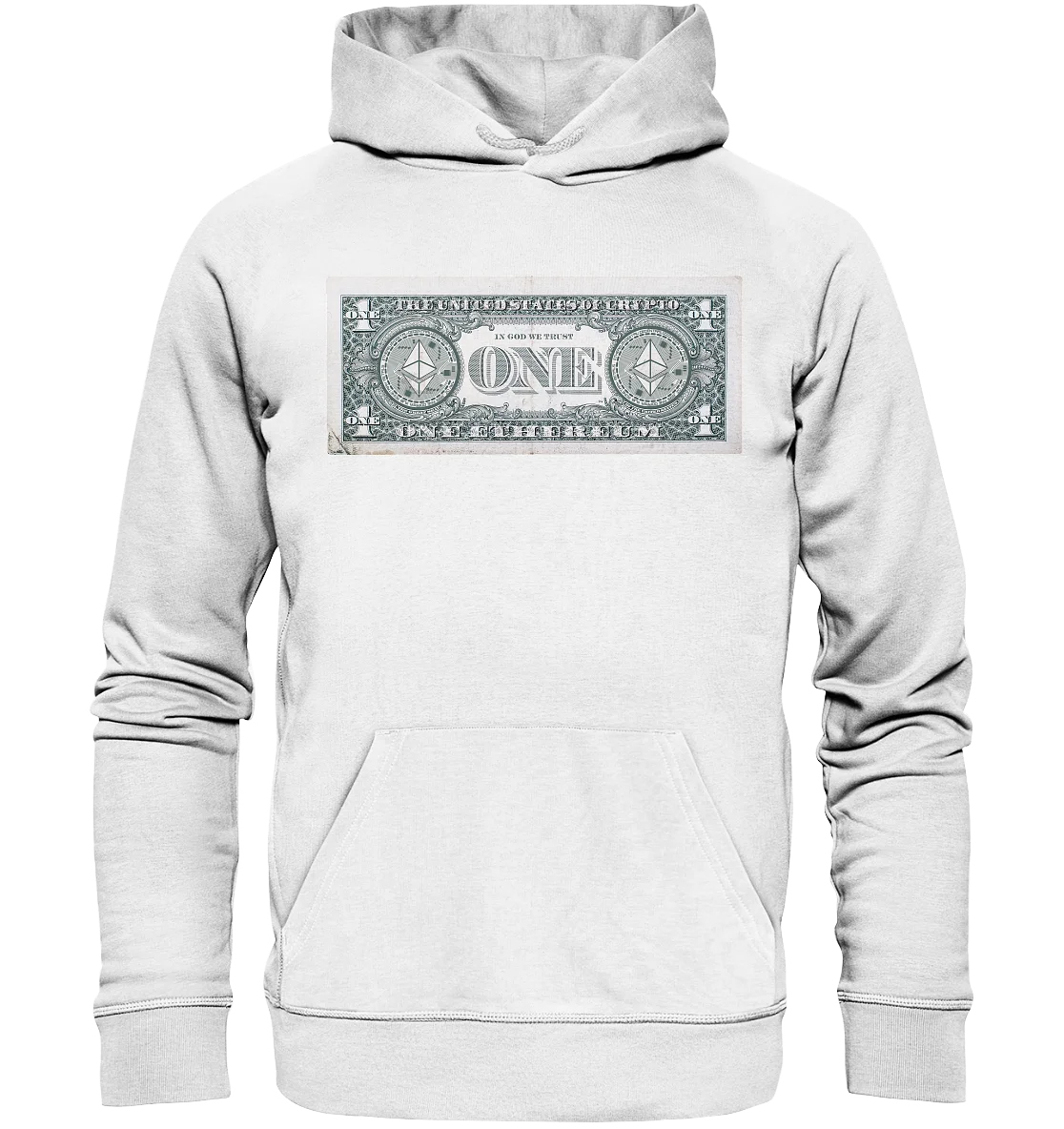 United Design - White Hoodie with Ethereum Logo - Trendy Cryptocurrency Apparel