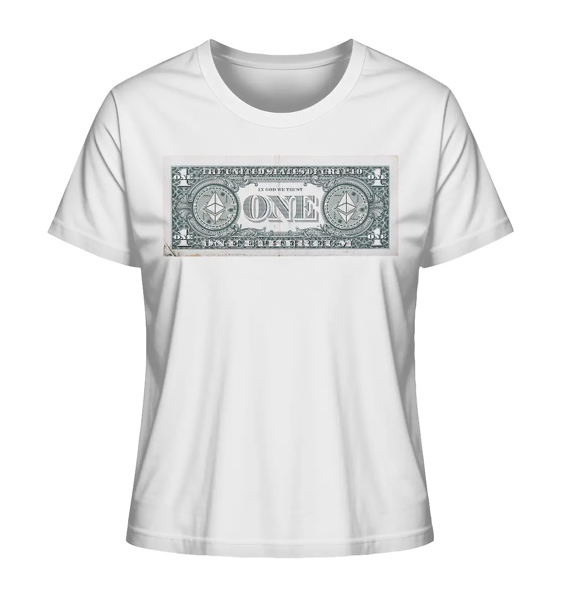 United Design - White Ladies T-Shirt with Ethereum Logo - Stylish Crypto Fashion