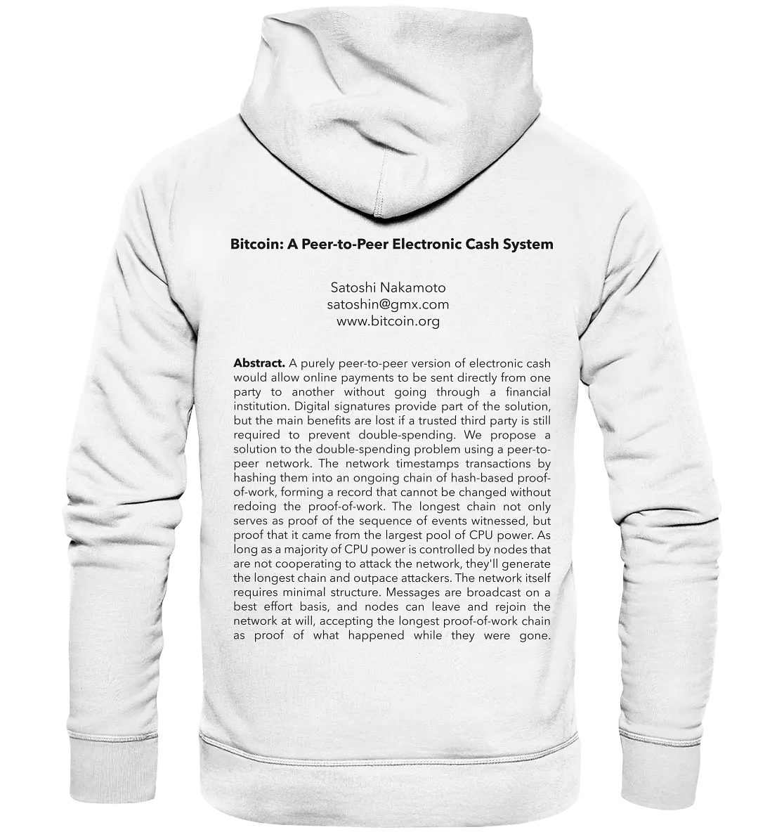 Satoshi-Whitepaper - White Hoodie Back - Stylish Crypto Fashion