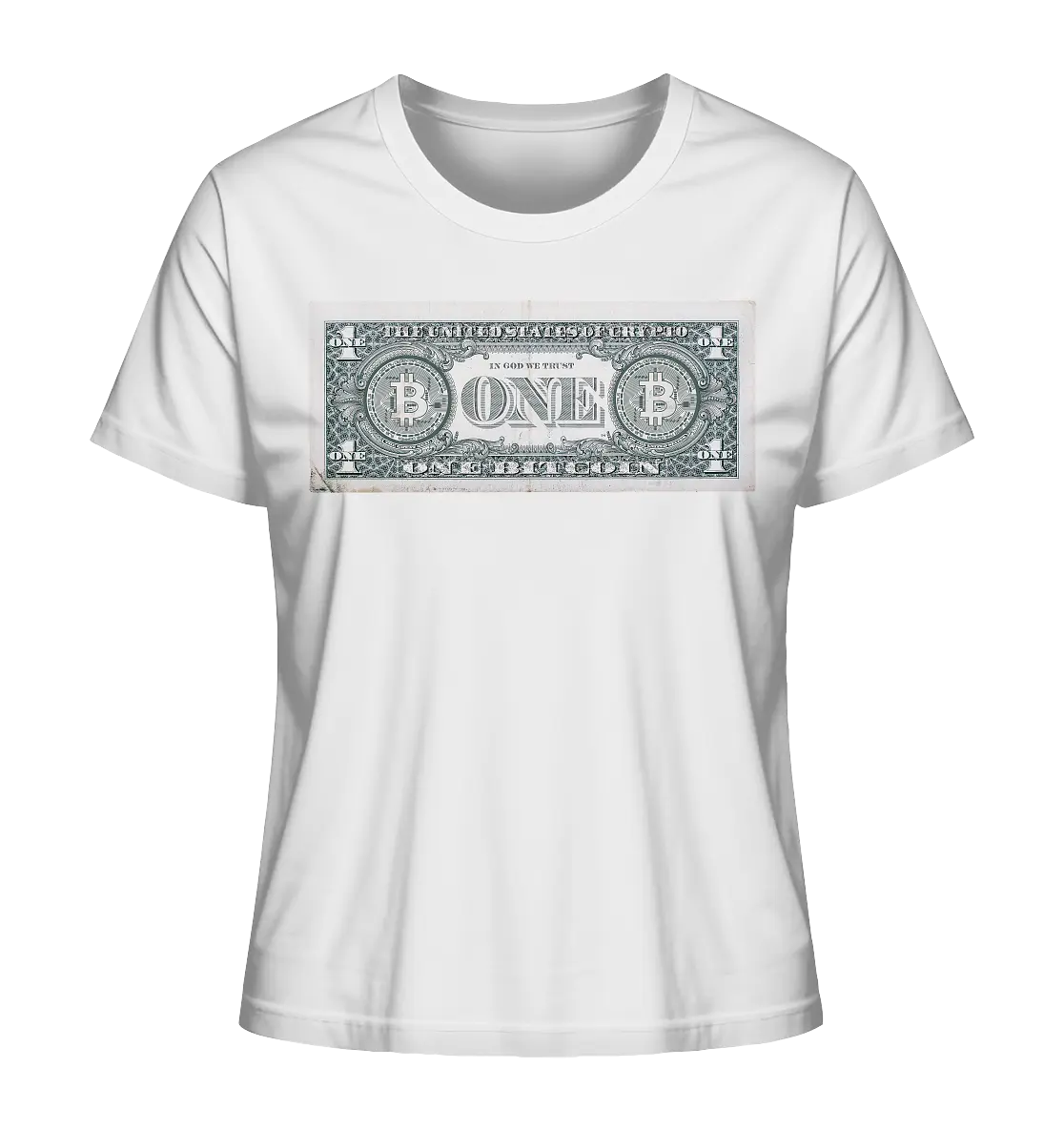 United Design - White Ladies T-Shirt with Bitcoin Logo - Fashionable Crypto Apparel